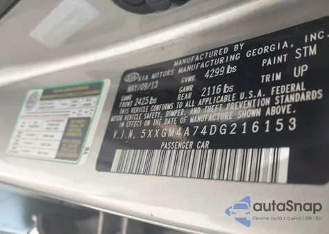 2013 Kia Optima Lx z USA, uszkodzony, nr VIN 5XXGM4A74DG216153